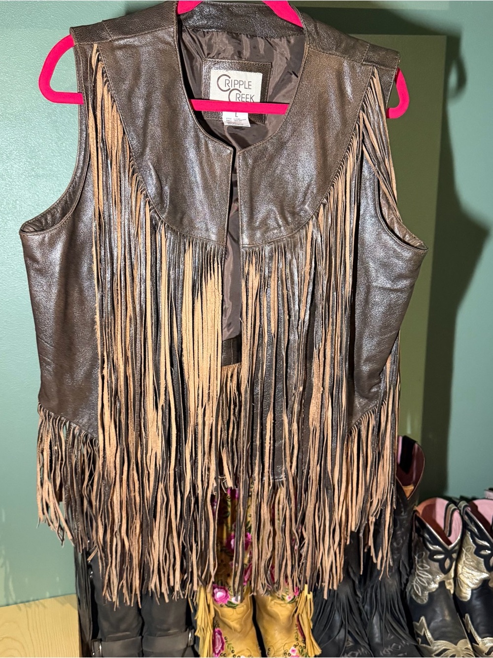 NWOT Cripple Creek Brown Leather Fringe Vest with Tan Fringe Large
